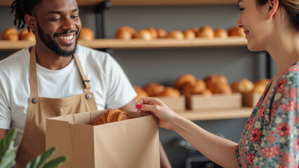 Freshly baked goods create warm atmosphere in bakery, where smiling man hands bag of pastries to happy customer