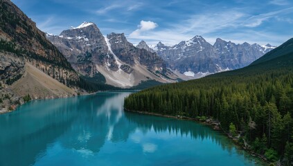 Aerial view of a lake nestled in mountains, showcasing natural beauty and preservation