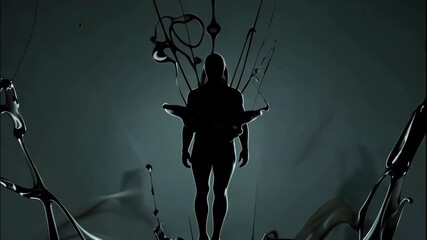 Mysterious dark silhouette, eerie figure surrounded by twisting branches in a shadowy environment, evokes suspense and intrigue.