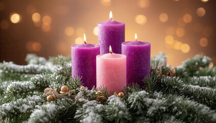 Four Advent candles in purple and pink surrounded by snowy spruce branches and soft glowing lights, symbolizing the Christmas season.
