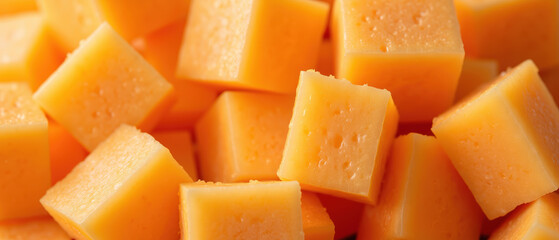 Cheddar cheese cubes orange color dairy product snack food close up view textured surface healthy eating culinary ingredient
