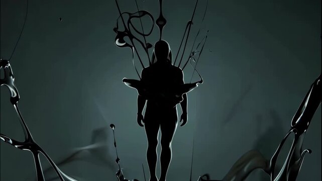 Mysterious dark silhouette, eerie figure surrounded by twisting branches in a shadowy environment, evokes suspense and intrigue.