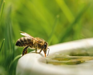 A single bee is shown drinking water from a white bird bath. The background is blurred, showing bright green grass in the garden during daytime