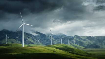 modern white wind turbines standing on green hills under a dramatic cloudy sky, concept of clean energy and technological progress, cinematic shot
