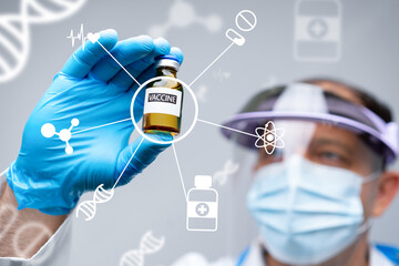 Scientist holds vaccine vial while examining its details in laboratory setting for public health