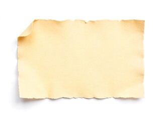 A rectangular piece of torn paper, beige in color, rests on a white background, its rough edges and texture suggesting age and previous use.