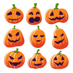 A set of nine Halloween pumpkins flat color with different expressions