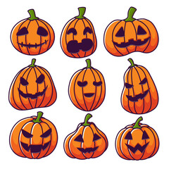 A set of nine Halloween pumpkins outline color with different expressions