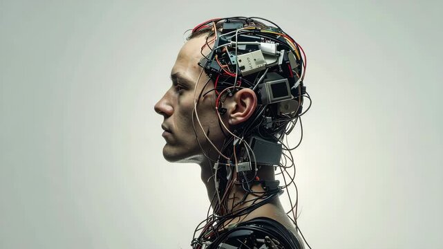 Profile of Human Head with Cybernetic Implants and Circuitry Sci-Fi Concept