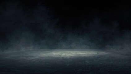 Fototapeta premium Dark room with concrete floor featuring a grunge texture, ideal for a moody editorial backdrop