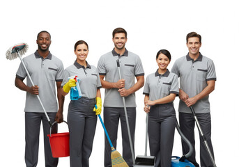 Group of janitorial service workers standing proudly with cleaning tools in hand, wearing matching grey uniforms. ideal for cleaning companies, facility management, and hygiene related promotion.