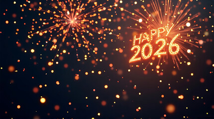 Festive fireworks display illuminating "Happy 2026" text against a dark background, celebrating the new year.