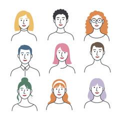 Set of 9 minimalist cartoon character portraits simple line art vector illustrations for diverse representation vector