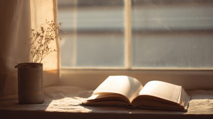 open book by window, soft sunlight, calm cozy atmosphere, warm colors, minimalist composition
