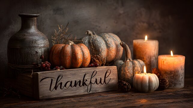 Rustically Elegant Fall Scene with Carved Pumpkins, Gentle Candlelight, and a Detailed 'Thankful' Engraved Message Celebrating Autumn Charm