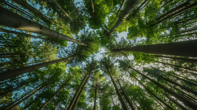 Looking up through tall green forest canopy