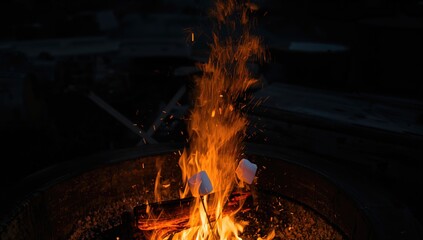 Naklejka premium Marshmallows roasting over an outdoor fire at night, ideal for cozy gatherings