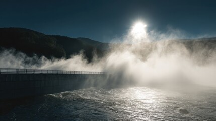 powerful water flow passing through a modern hydroelectric dam, symbolizing renewable power and environmental harmony, mist and sunlight effects