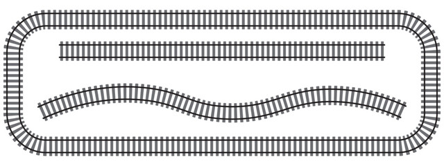 Set of railroad segments. Rail road elements top view. Train track straight and wavy lines, rectangular frame isolated on white background. Fence or ladder texture. Vector graphic illustration © Andrii