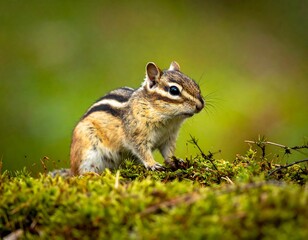 Obraz premium A small rodent with brown, white, and black stripes, sits on green moss, looking attentive