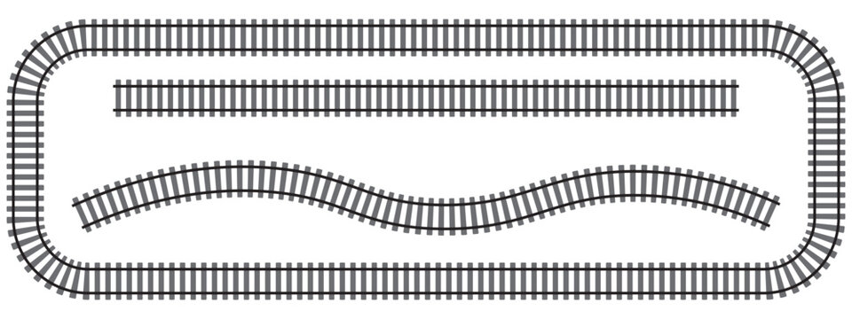 Set of railroad segments. Rail road elements top view. Train track straight and wavy lines, rectangular frame isolated on white background. Fence or ladder texture. Vector graphic illustration