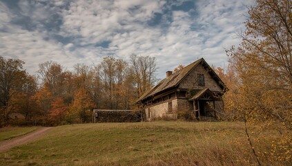 Fototapeta premium Ancient remains of a woodland hunting cabin amidst autumn scenery