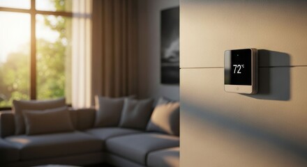 Smart thermostat showing 72°F on a wall in a modern living room