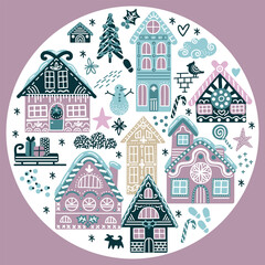 Round illustration cozy Christmas houses vector isolated set