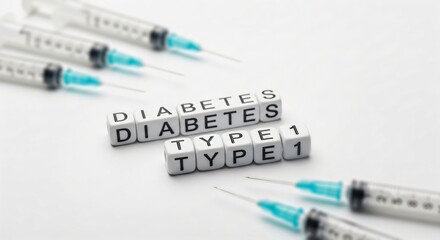 Obraz premium Diabetes type one text on dice with syringes for medical concept on white background. Banner template for insulin injection and blood sugar control for a diabetic patient with copyspace.
