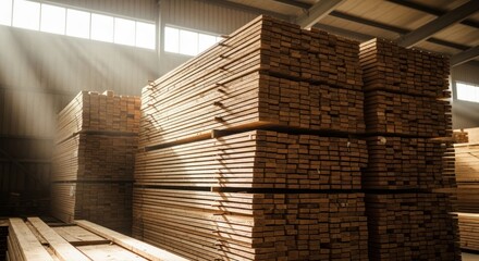 Stacks of lumber in a sunlit industrial timber storage facility