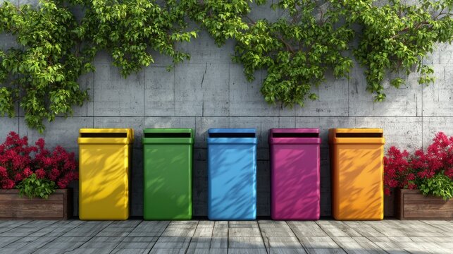 recycling concept with colorful bins and greenery, clean environment, sustainable living, modern eco friendly design, positive and bright composition