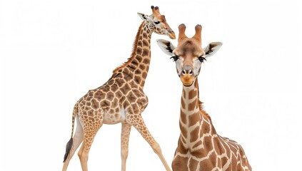 Fototapeta premium Two juvenile giraffes standing together against a white backdrop