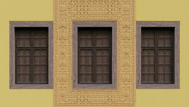 Three rectangular windows framed in brown on a yellow wall adorned with a bas-relief