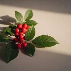 Obraz premium Vibrant red berries, green leaves, on white with sunlight shadows