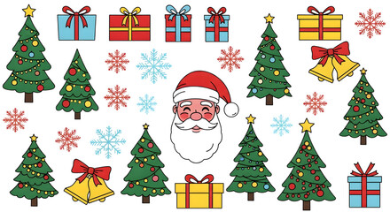 Collection of christmas elements including santa claus, decorated christmas trees, gift boxes, snowflakes, and bells, isolated on transparent background