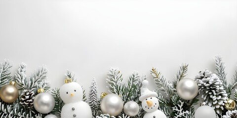 Snowman, Ornaments, Snowy Fir Border, White Background – Copy-Space Top