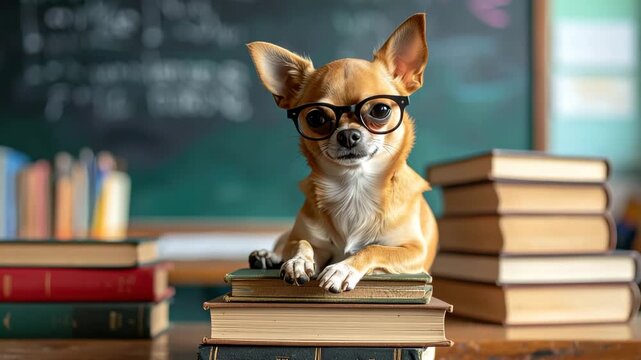 Smart Chihuahua Dog Wearing Glasses Sitting on Stack of Books