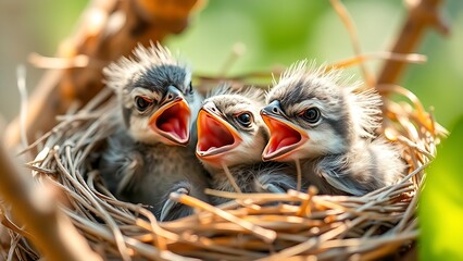 pragmatism. Newborn birds in nest with open beaks, soft morning light. wildlife magazines, conservation campaigns, designed for wildlife conservation campaigns.