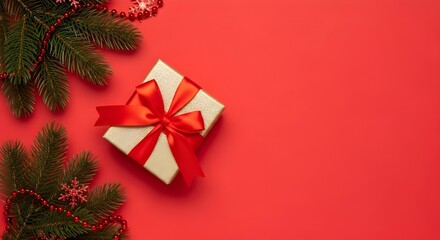 Christmas gift box with fir branches on red background, copyspace right
