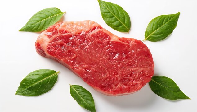Fresh raw red steak on white background with natural leaf decoration, organic meat ingredient