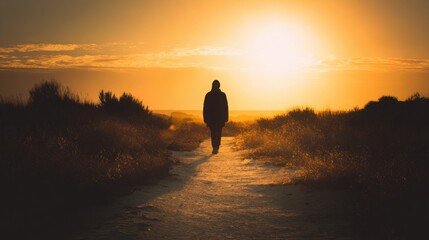 silhouette of person walking on path into bright horizon, journey and new beginnings, soft golden light, peaceful and reflective atmosphere
