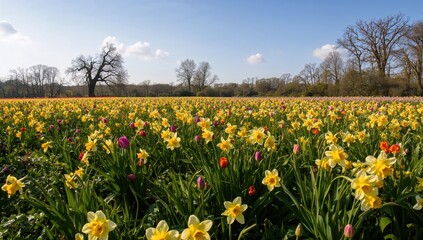 Vibrant Tulips and Daffodils Blooming in a Meadow