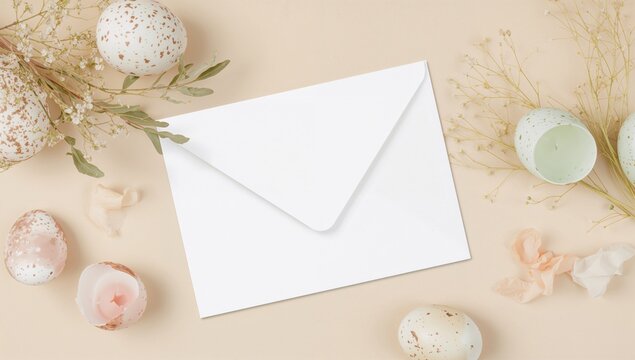 Creative handmade Easter table decor featuring egg shells, instruction candle, and empty envelope card template on pastel beige background with copy space