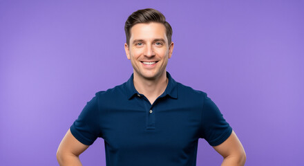 Fototapeta premium Young asian man in polo shirt smiling confidently hands on hips isolated on bright purple background