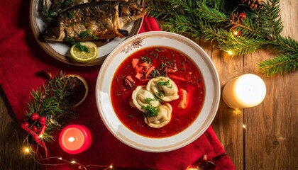 Christmas Eve table, a plate with dumplings and borscht, next to it a plate with fish, candles, twigs, top view.