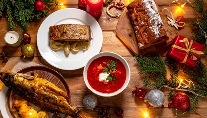 Christmas Eve table, a plate with dumplings and borscht, next to it a plate with fish, candles, twigs, lights, baubles, cake on a plate, top view.