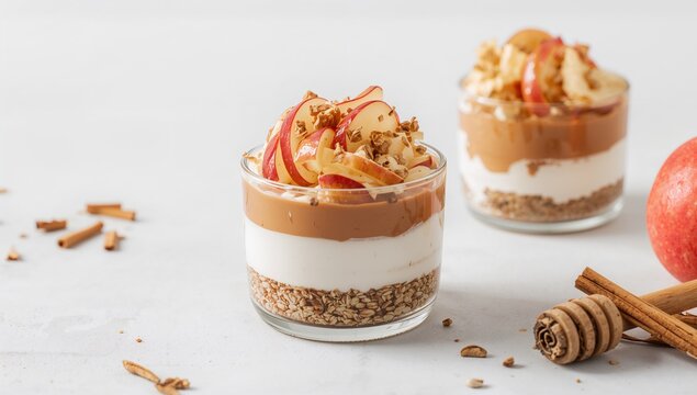 Layered breakfast treat with oat granola, cream cheese yogurt, honey, apple slices, and cinnamon spices on a white backdrop