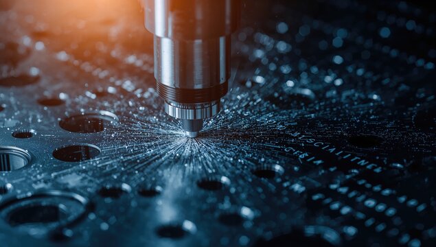 High-tech machining center producing injection mold components with CNC milling and G-code visualization.