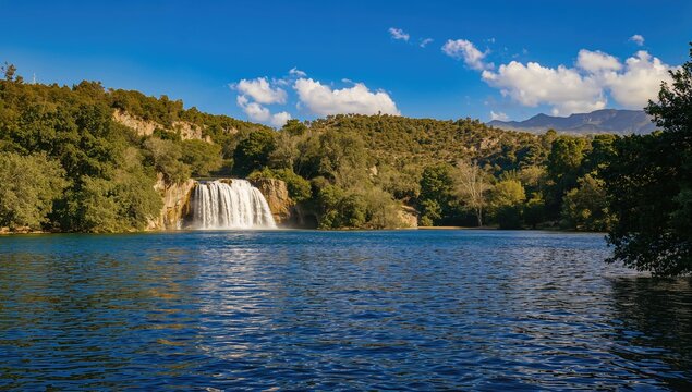 Lake with Seven Springs Waterfall in a Mediterranean Setting