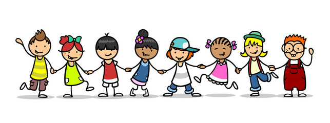 Gruppe Cartoon Kita Kinder zusammen in einer Reihe